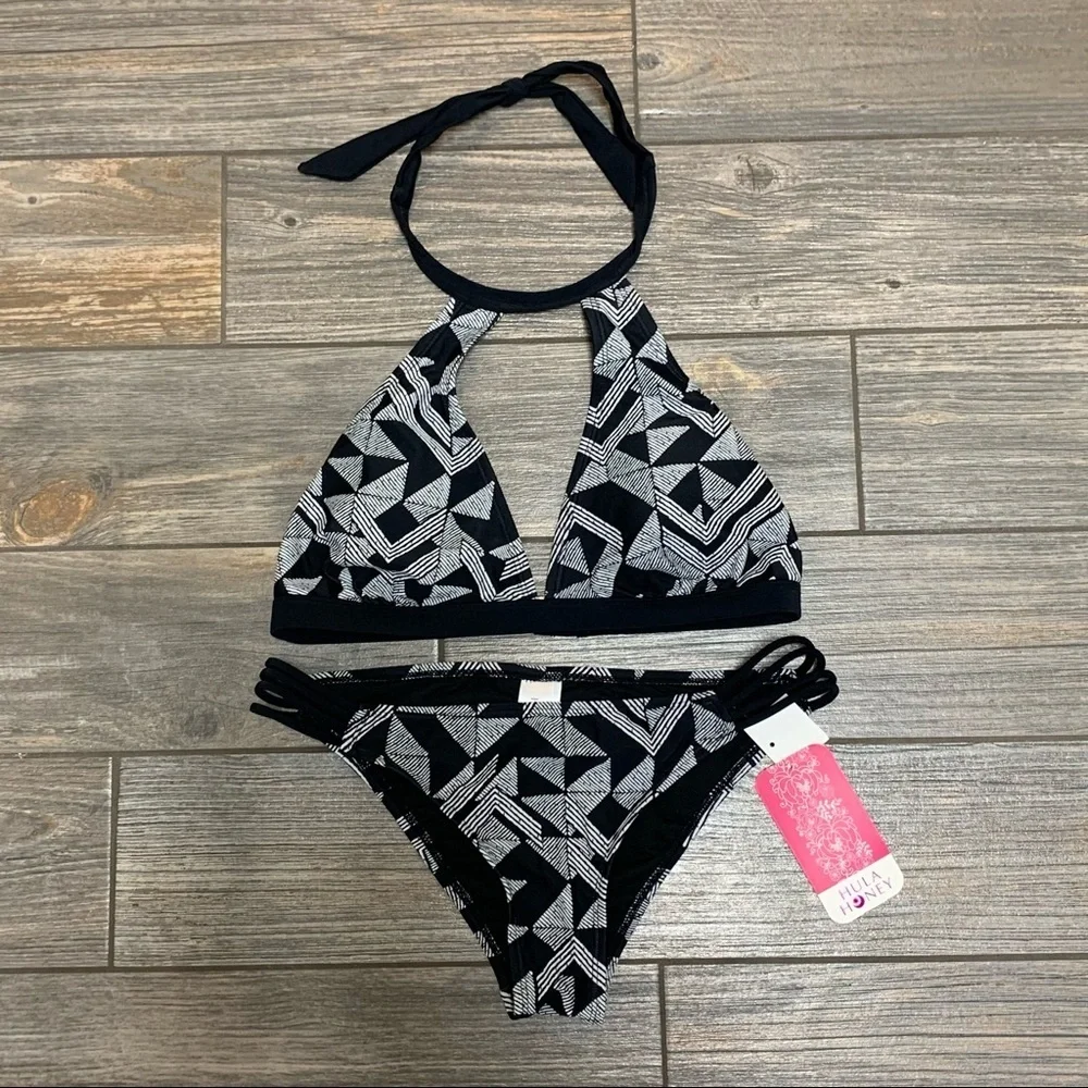 Hula Honey Juniors Bikini Halter Top & Bottom Medium Maze Muse Black & White - Picture 3 of 8